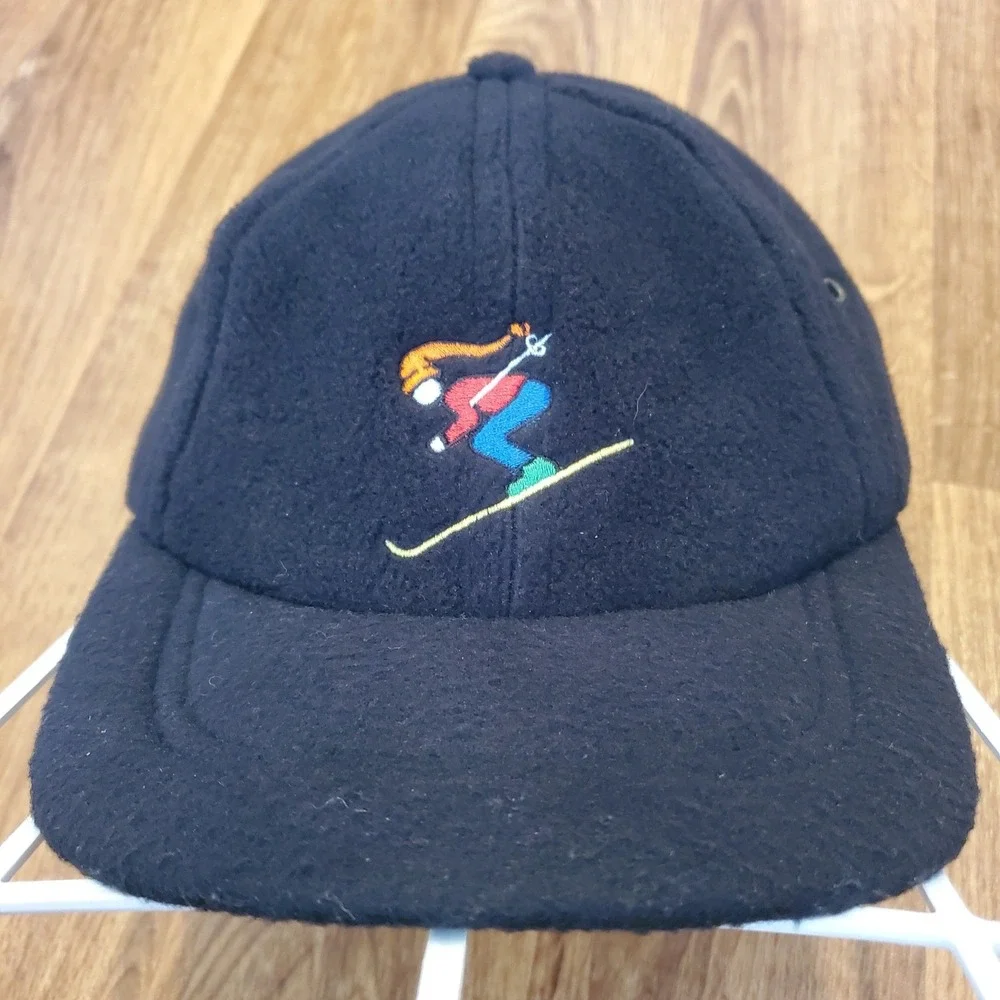 Vtg 90s Ski Hat Kids Strapback Black Fleece Talbots Outdoor Snow Rare